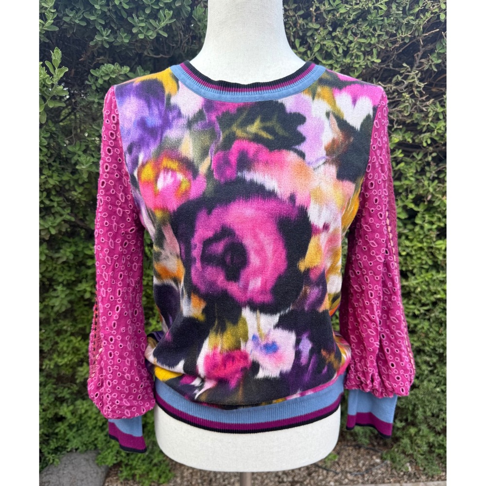 Bl-nk London Floral Print Eyelet Lace Balloon Sleeve Sweater XS Multi-Color